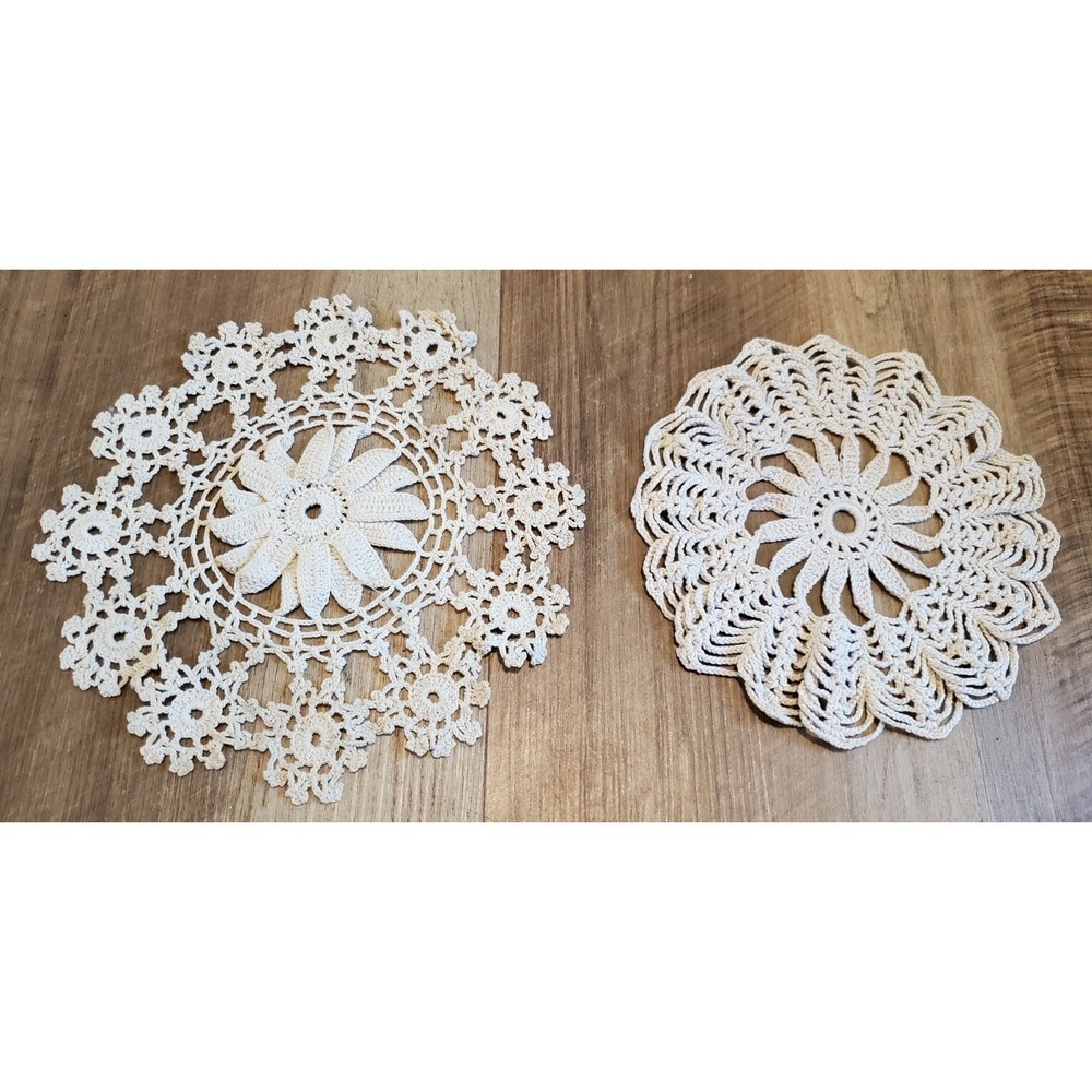 Vintage Set of 2 Medium Sized Doilies Handmade Cream Color Cottagecore